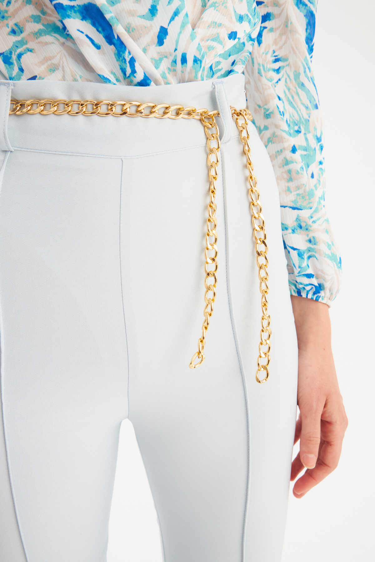 Zincir kemer ispanyol paça pantolon - BEBE MAVİ