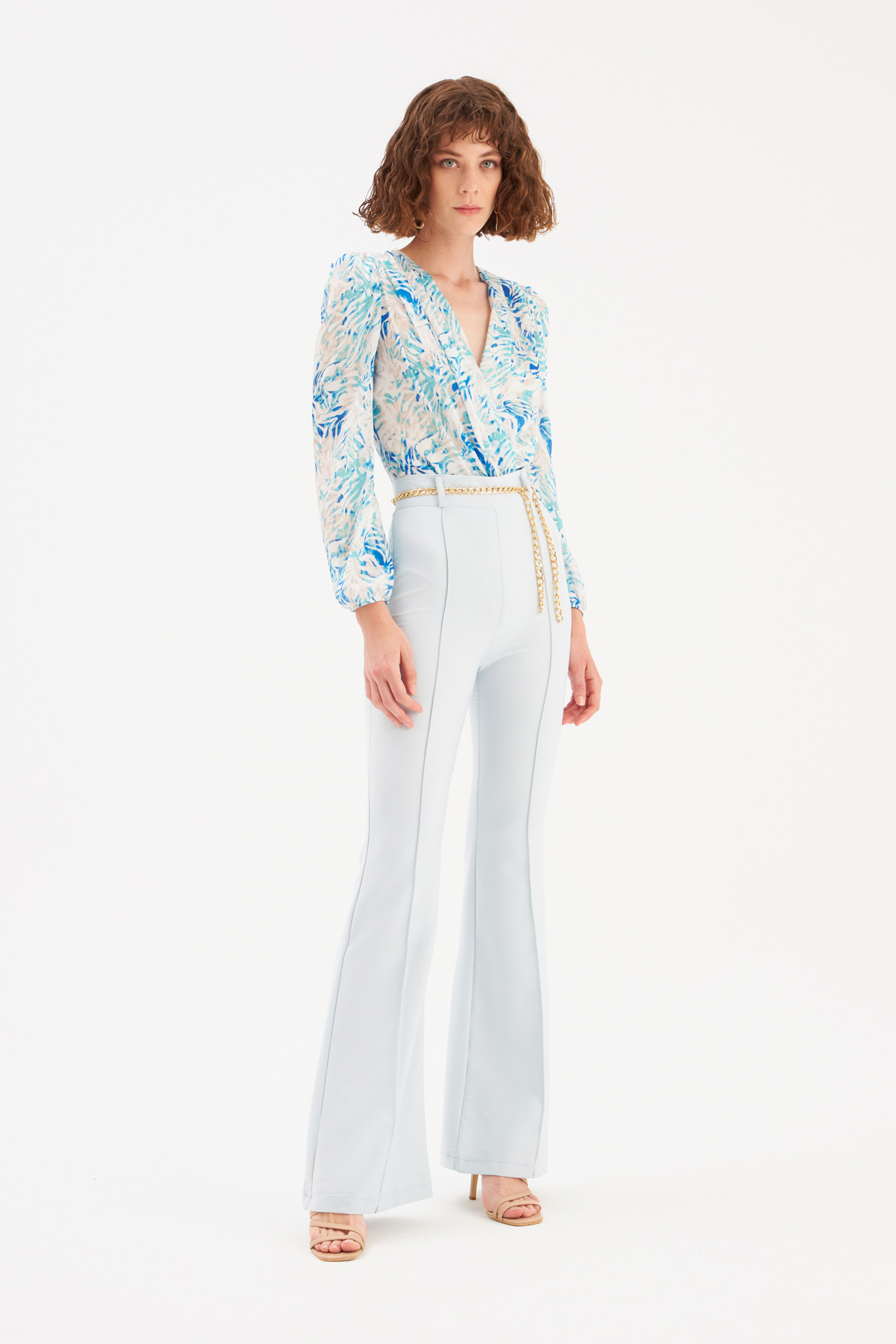 Zincir kemer ispanyol paça pantolon - BEBE MAVİ