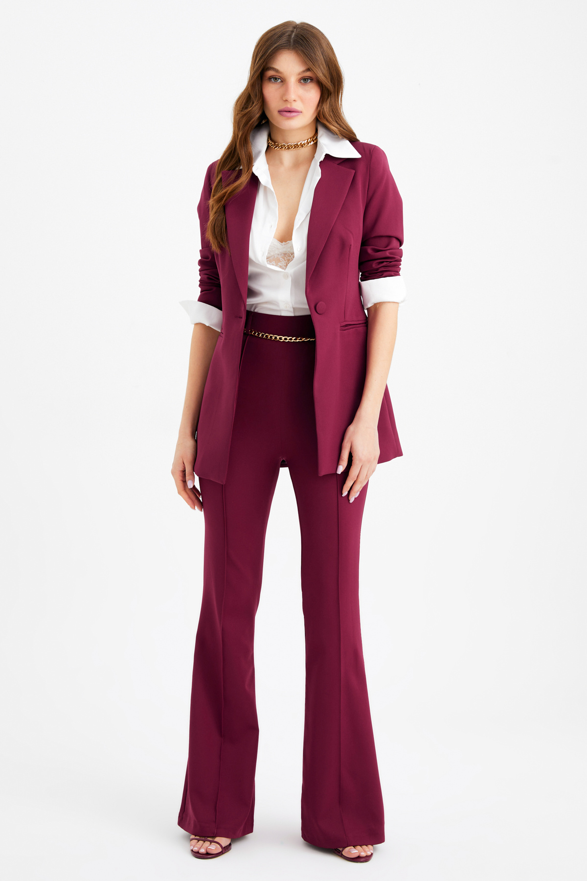 Zincir kemer ispanyol paça pantolon - BORDO