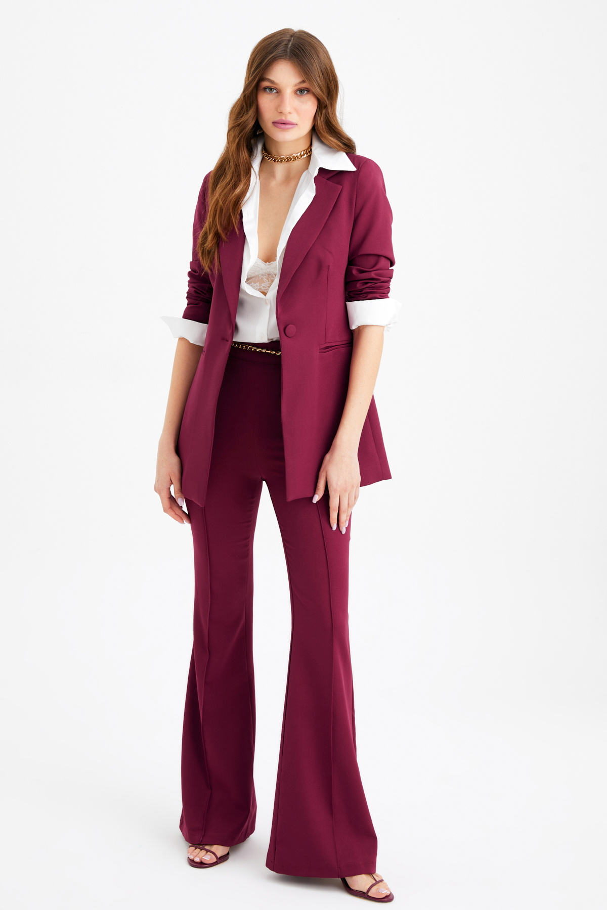 Zincir kemer ispanyol paça pantolon - BORDO