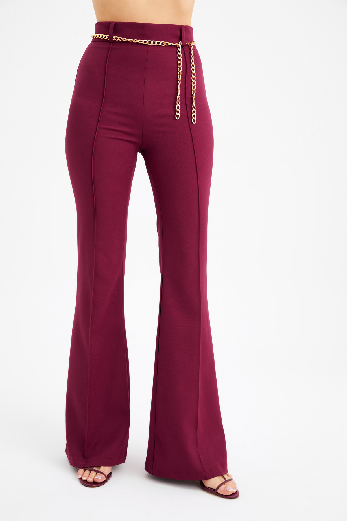 Zincir kemer ispanyol paça pantolon - BORDO