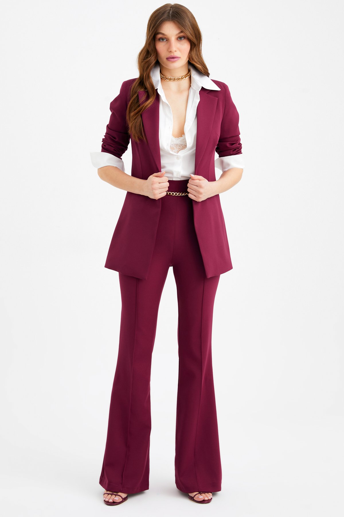 Zincir kemer ispanyol paça pantolon - BORDO