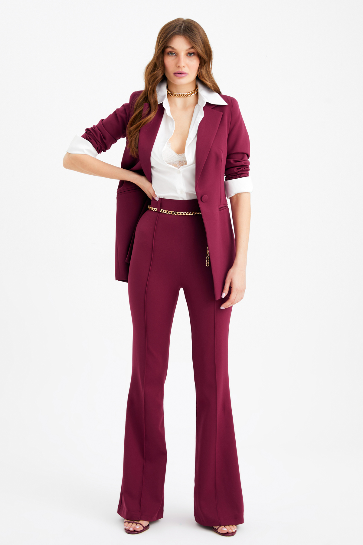 Zincir kemer ispanyol paça pantolon - BORDO