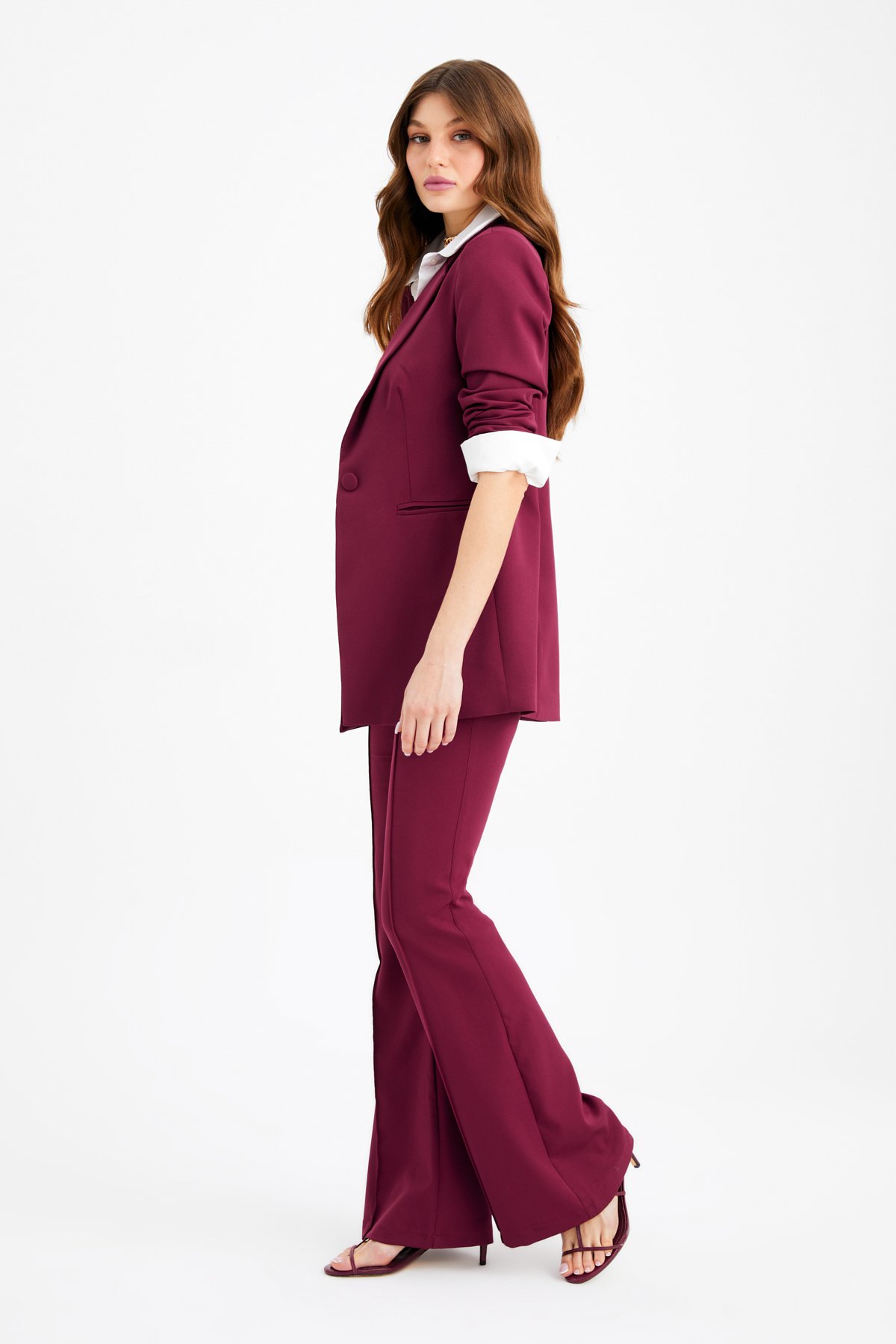 Zincir kemer ispanyol paça pantolon - BORDO