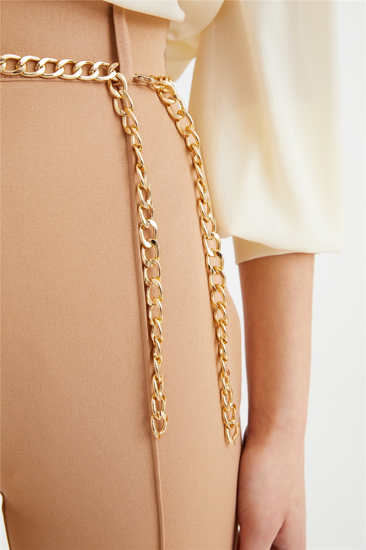 Zincir kemer ispanyol paça pantolon - CAMEL