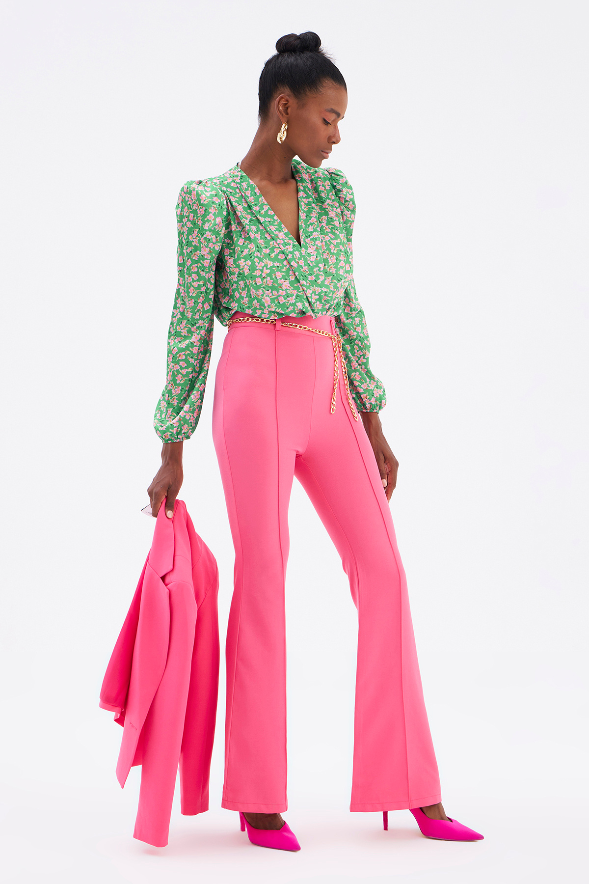 Zincir kemer ispanyol paça pantolon - FUŞYA