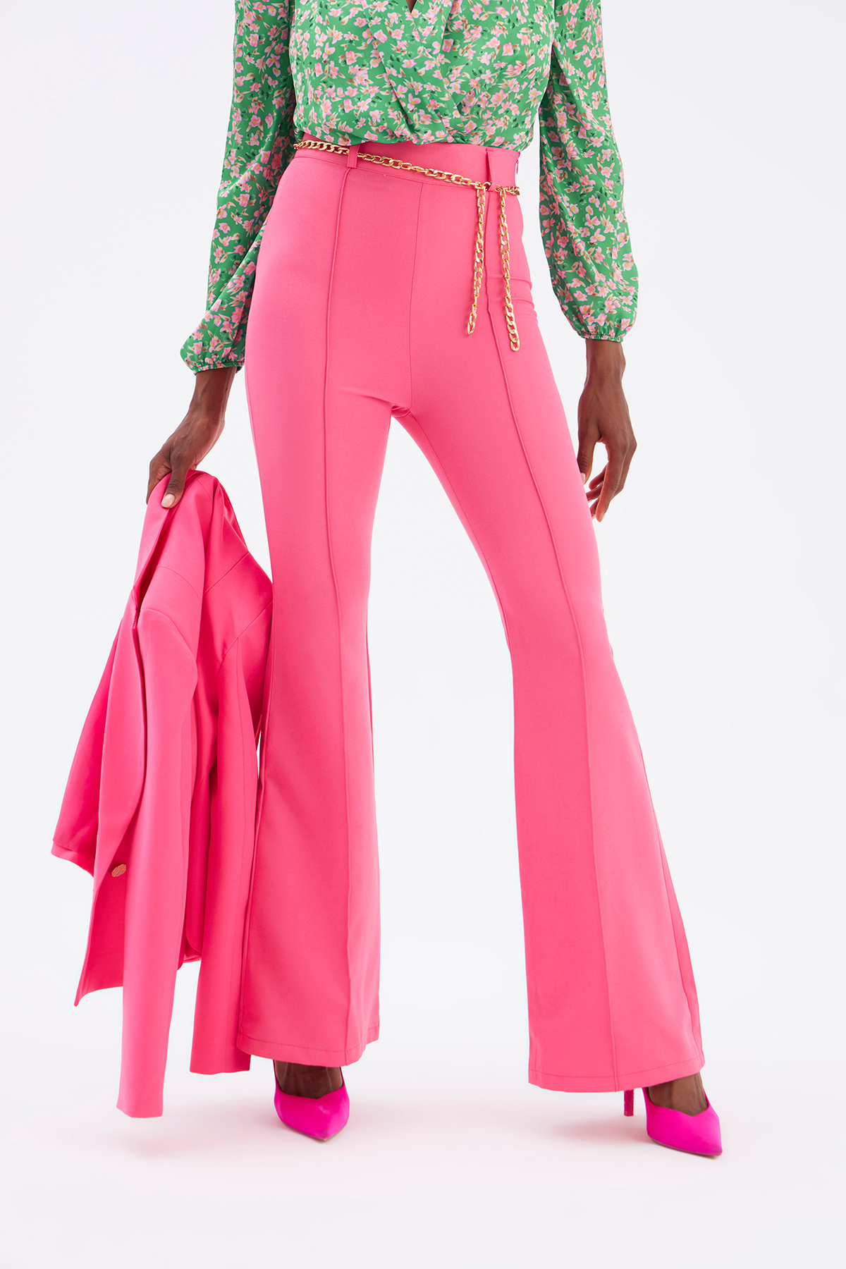 Zincir kemer ispanyol paça pantolon - FUŞYA