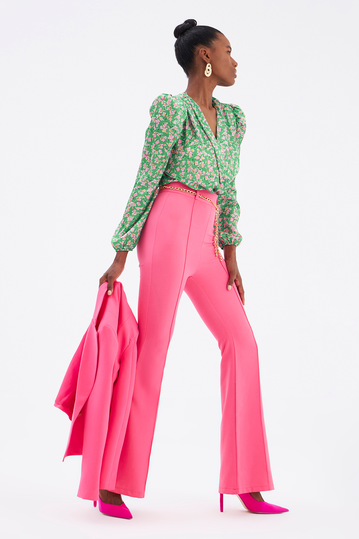 Zincir kemer ispanyol paça pantolon - FUŞYA