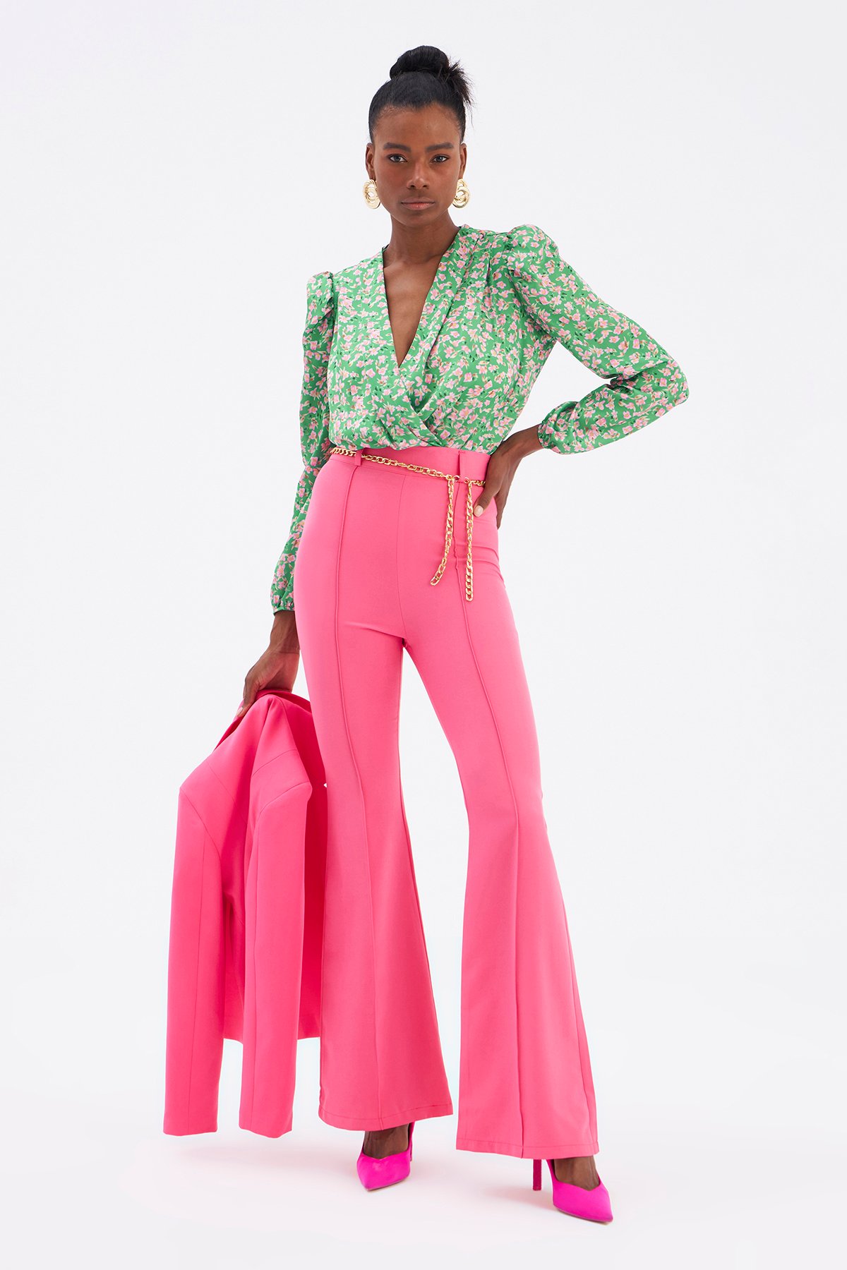 Zincir kemer ispanyol paça pantolon - FUŞYA