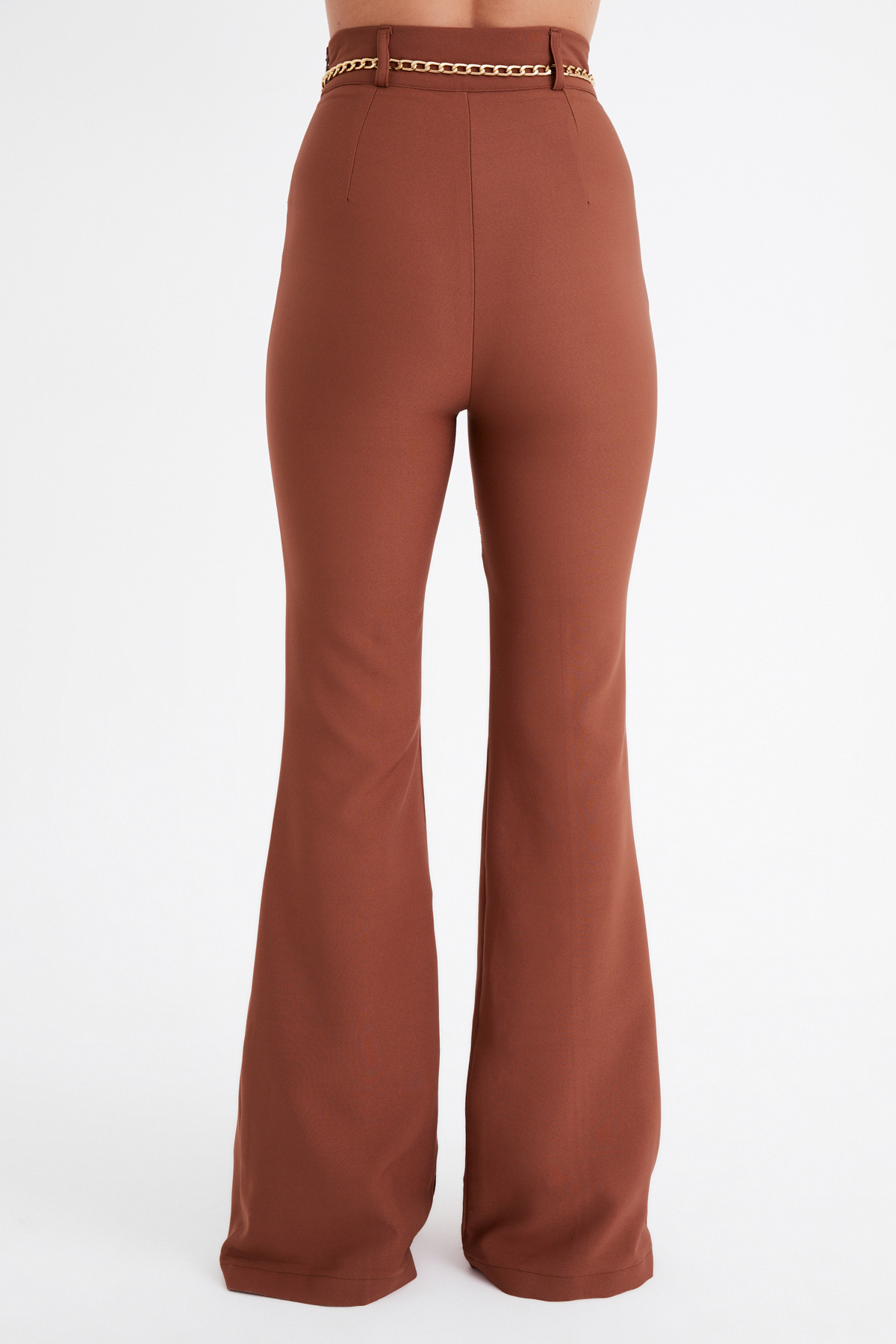 Chain belt flared trousers - BROWN