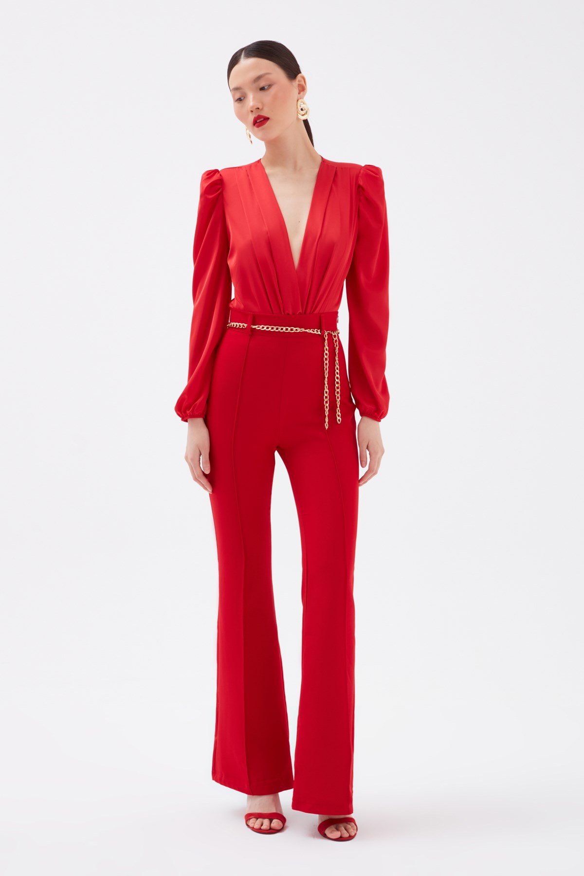 Zincir kemer ispanyol paça pantolon - KIRMIZI