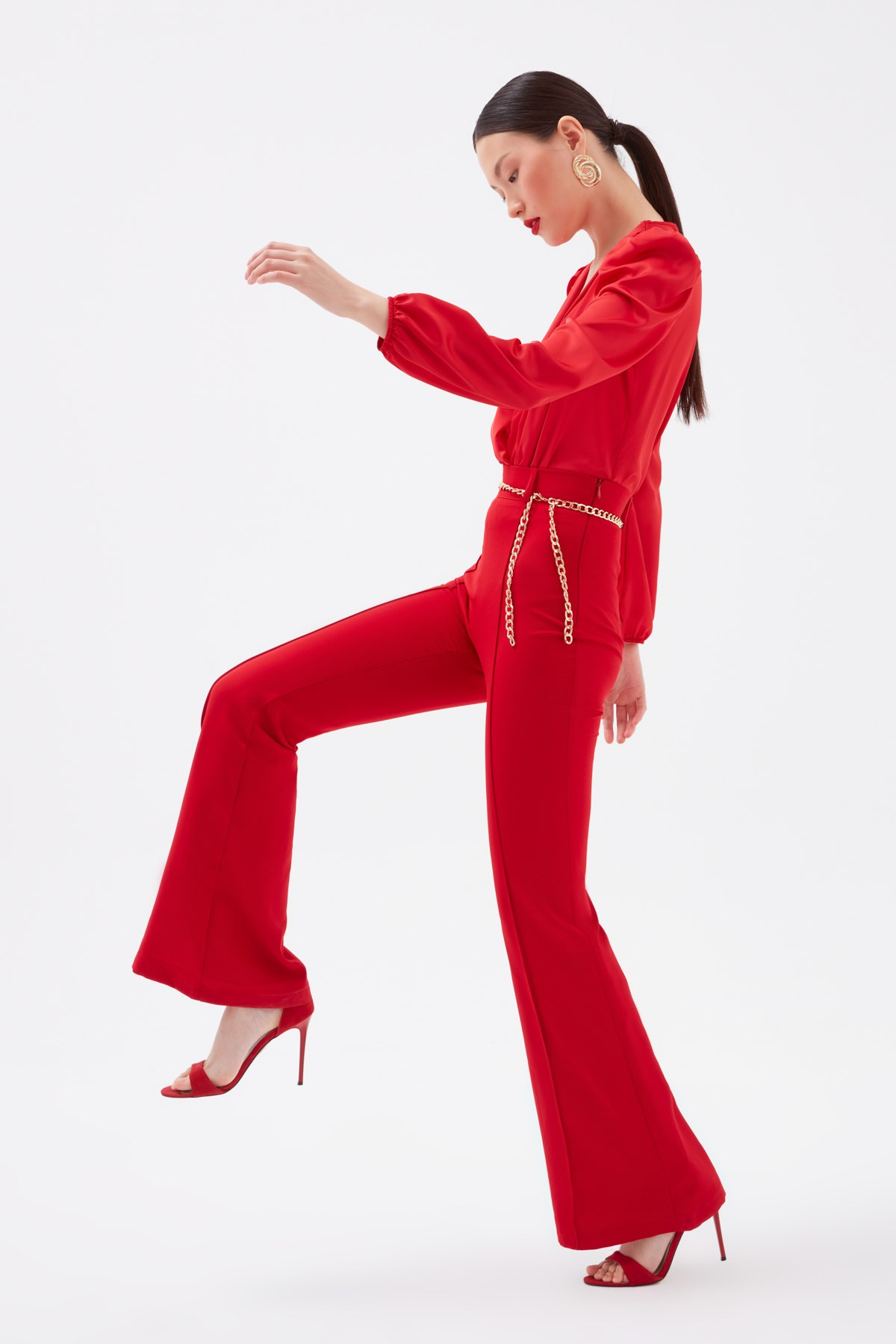 Zincir kemer ispanyol paça pantolon - KIRMIZI