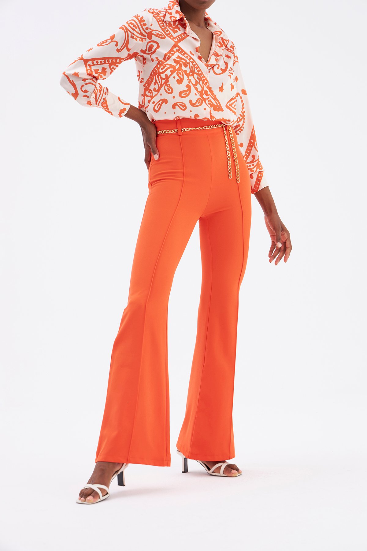 Zincir kemer ispanyol paça pantolon - ORANJ