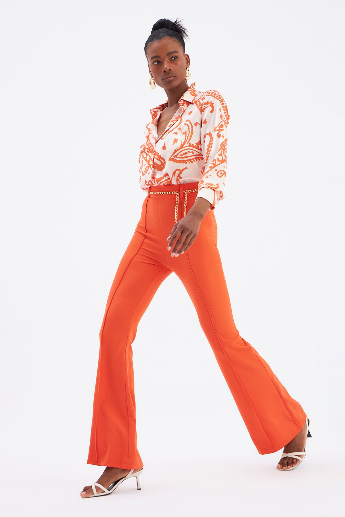 Zincir kemer ispanyol paça pantolon - ORANJ