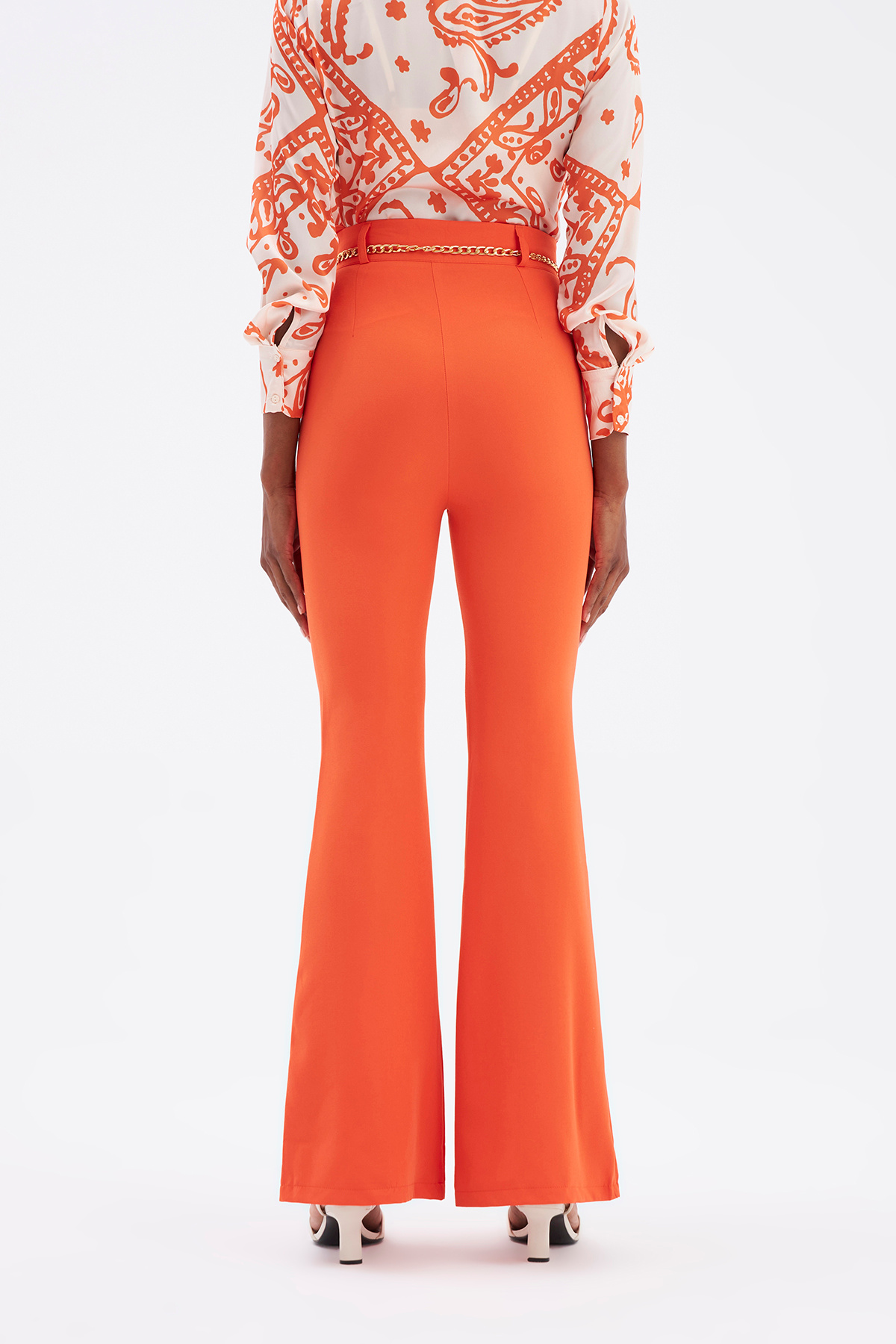 Zincir kemer ispanyol paça pantolon - ORANJ