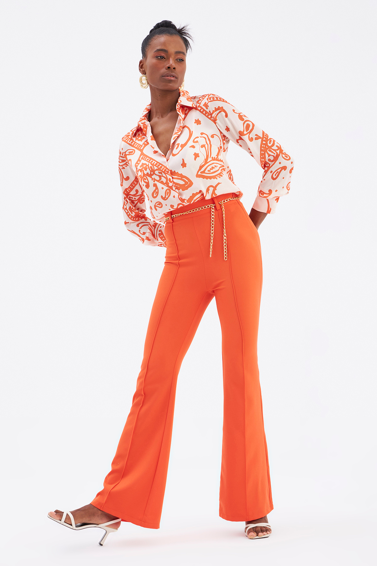 Zincir kemer ispanyol paça pantolon - ORANJ
