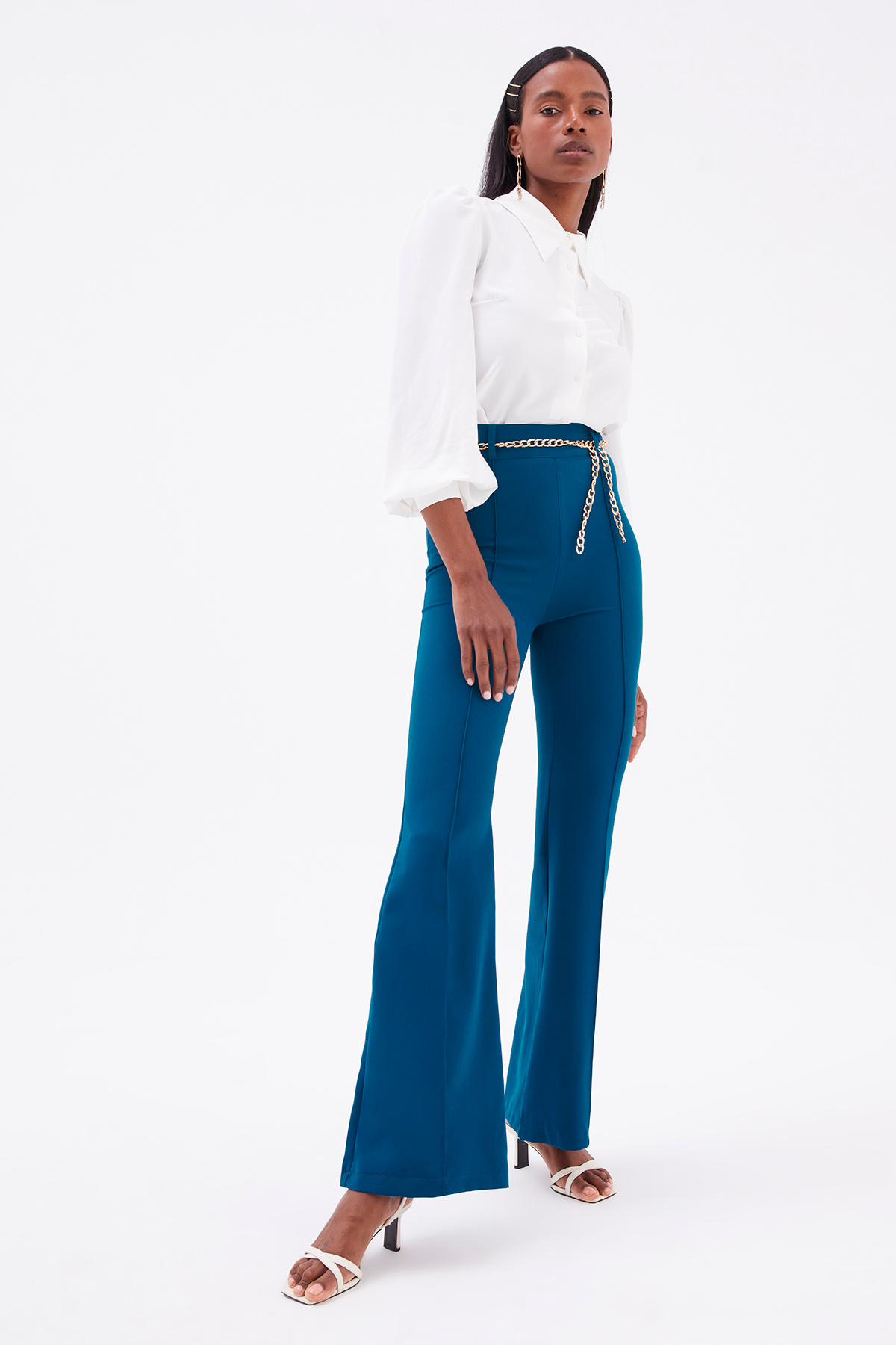 Zincir kemer ispanyol paça pantolon - PETROL