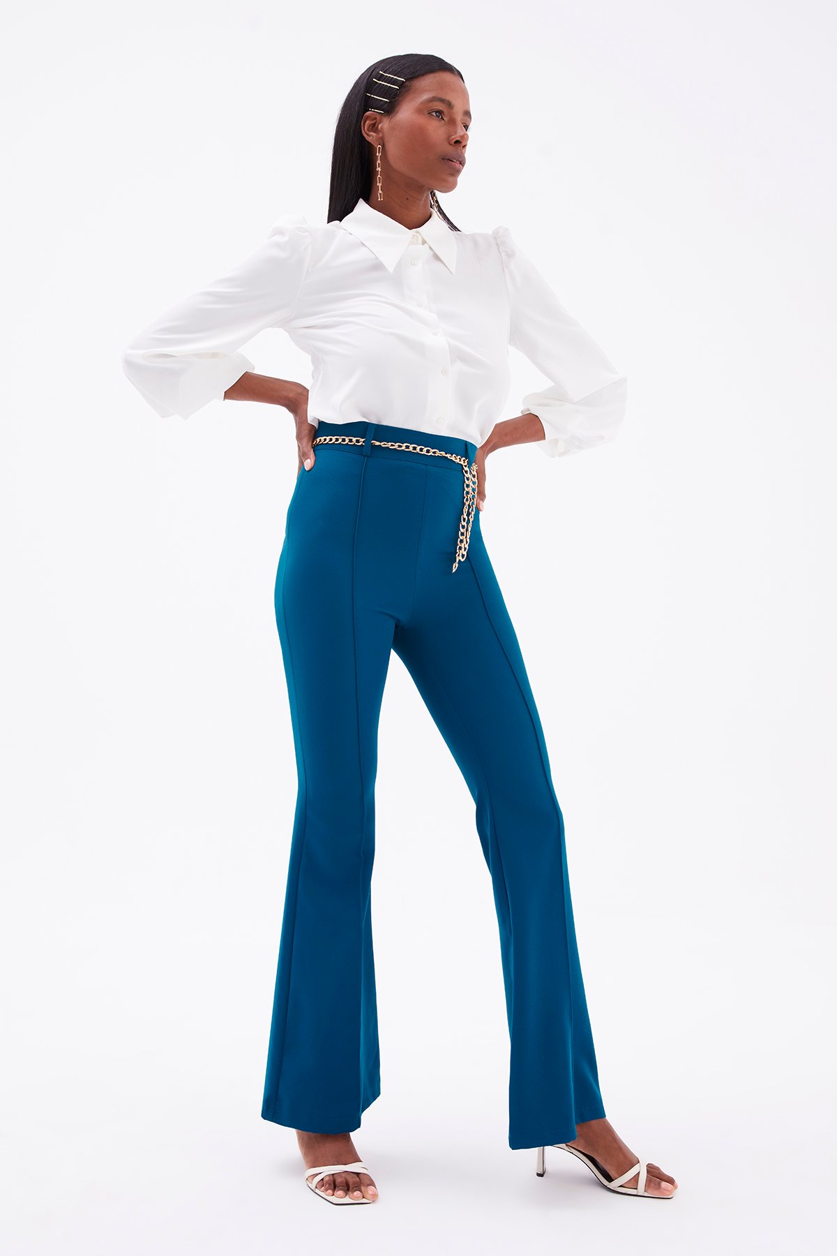 Zincir kemer ispanyol paça pantolon - PETROL