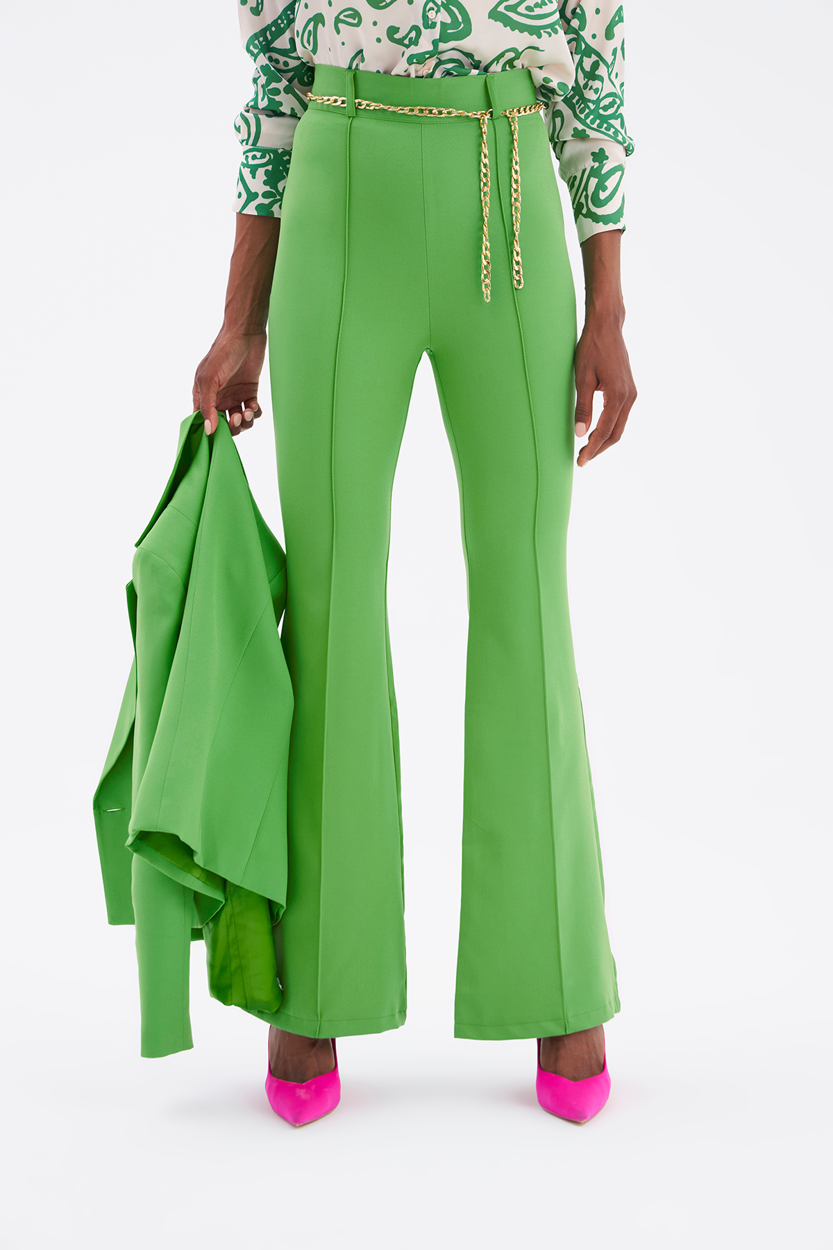Zincir kemer ispanyol paça pantolon - YEŞİL
