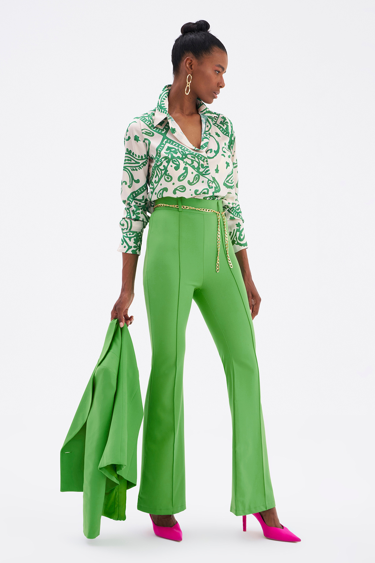 Zincir kemer ispanyol paça pantolon - YEŞİL