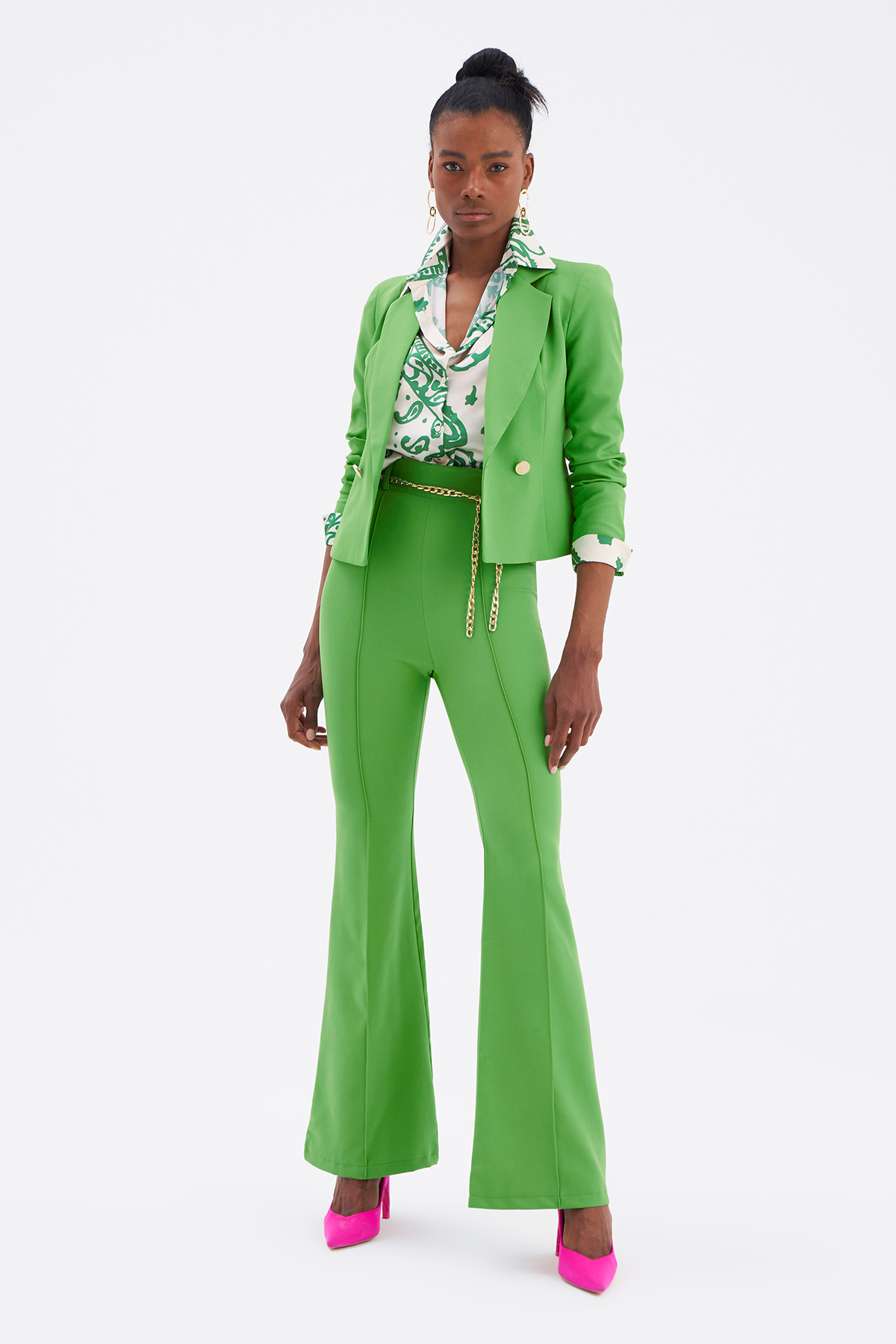 Zincir kemer ispanyol paça pantolon - YEŞİL