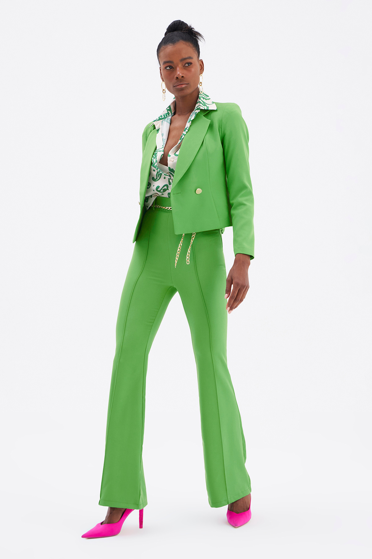 Zincir kemer ispanyol paça pantolon - YEŞİL