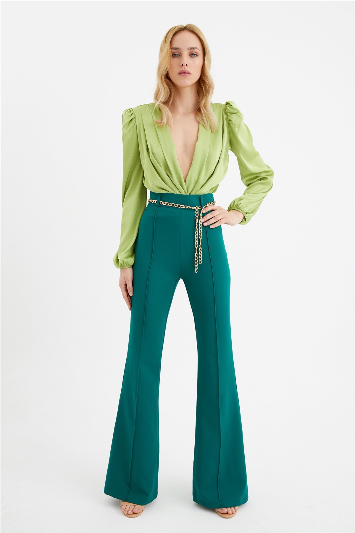 Zincir kemer ispanyol paça pantolon - ZÜMRÜT