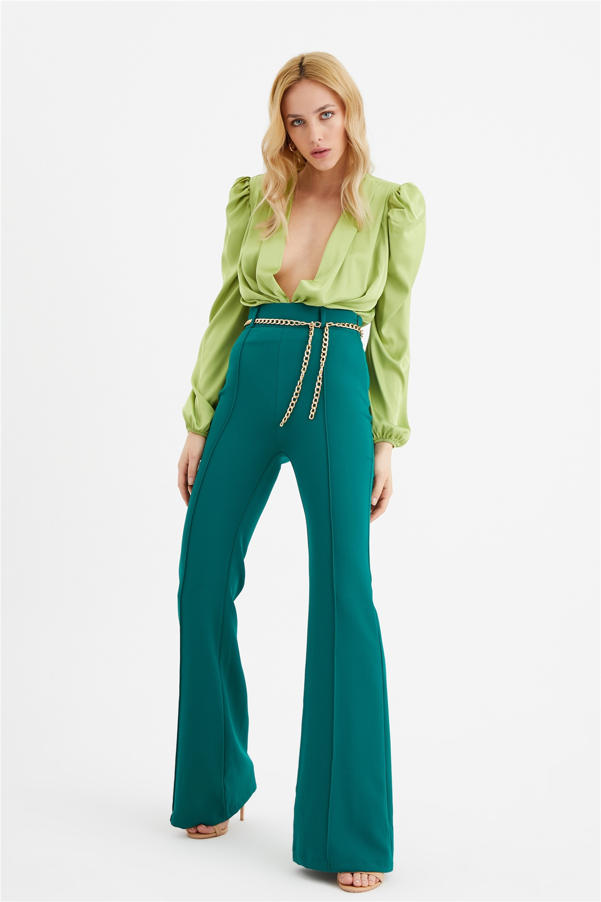 Zincir kemer ispanyol paça pantolon - ZÜMRÜT