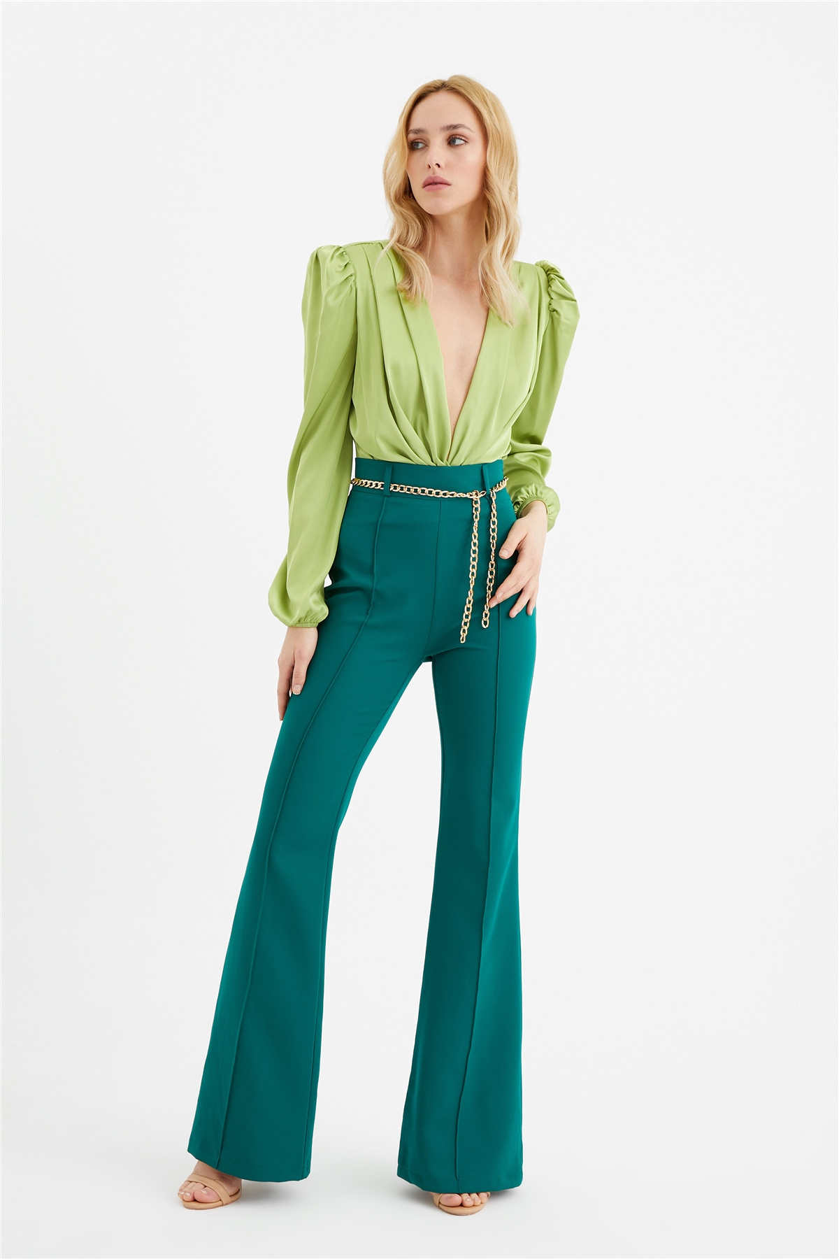 Zincir kemer ispanyol paça pantolon - ZÜMRÜT