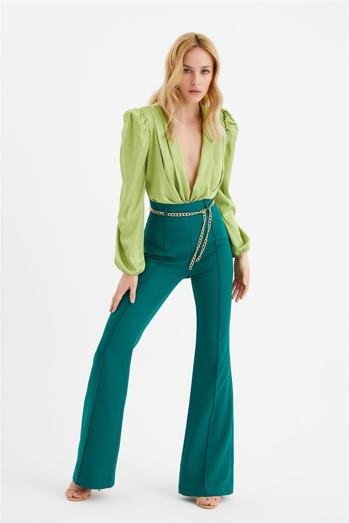 Zincir kemer ispanyol paça pantolon - ZÜMRÜT