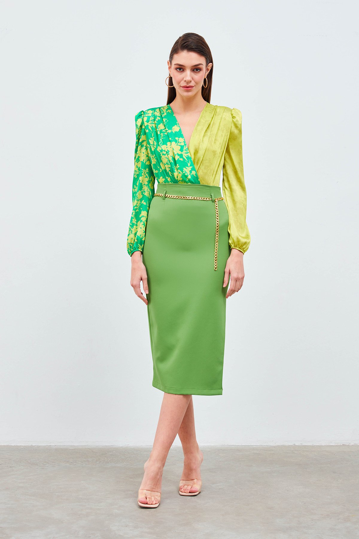 Chain Belt Pencil Skirt - LIGHT GREEN