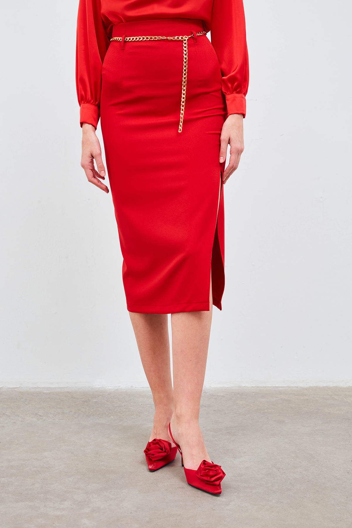 Zincir kemerli kalem etek - KIRMIZI