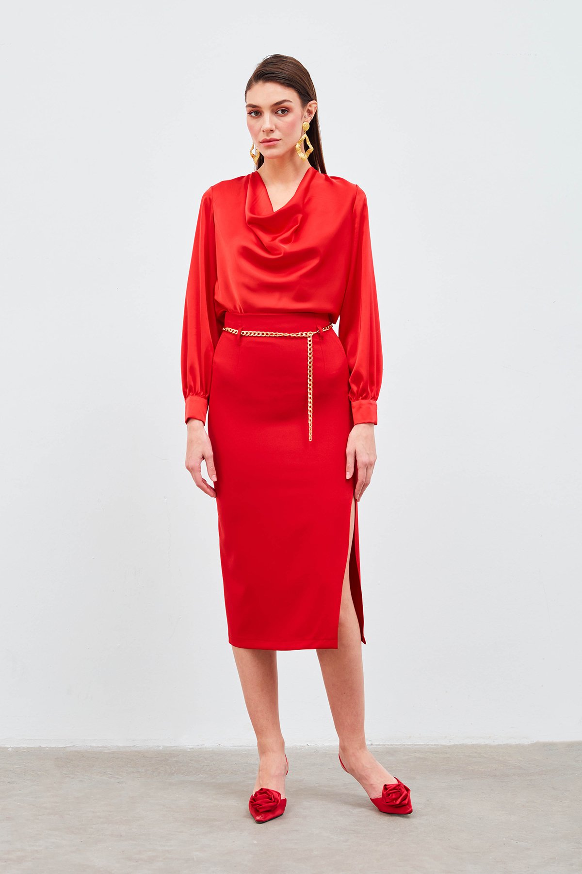 Zincir kemerli kalem etek - KIRMIZI