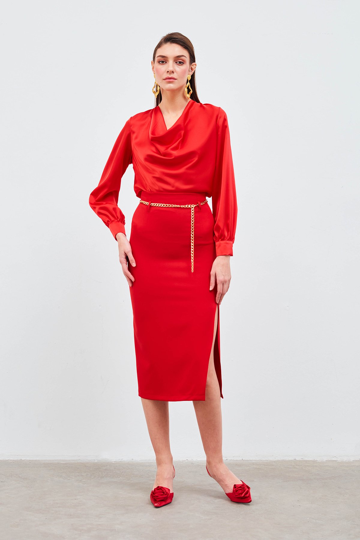 Zincir kemerli kalem etek - KIRMIZI