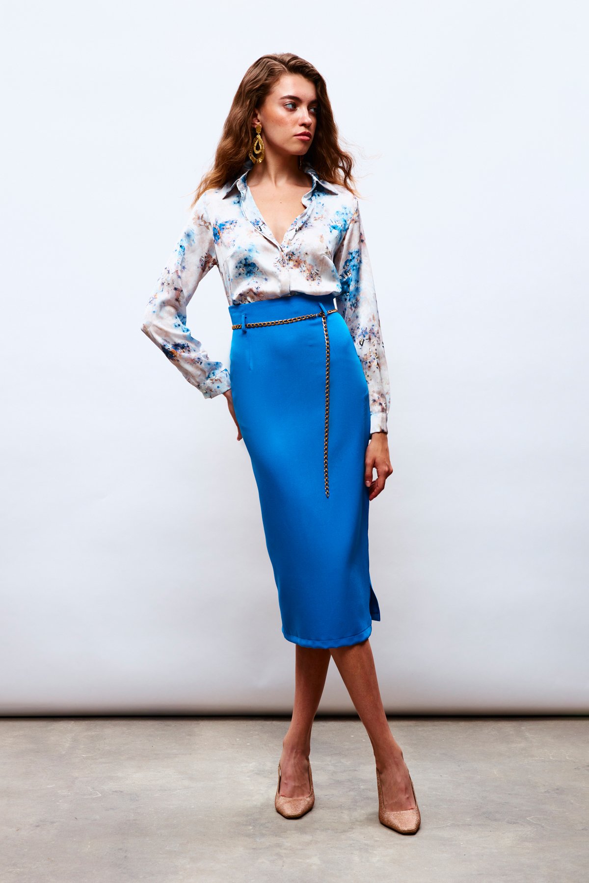 Chain Belt Pencil Skirt - BLUES
