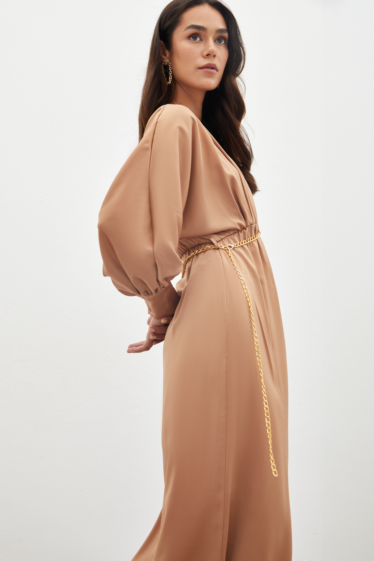Chain Belt Satin Dress - CAMEL