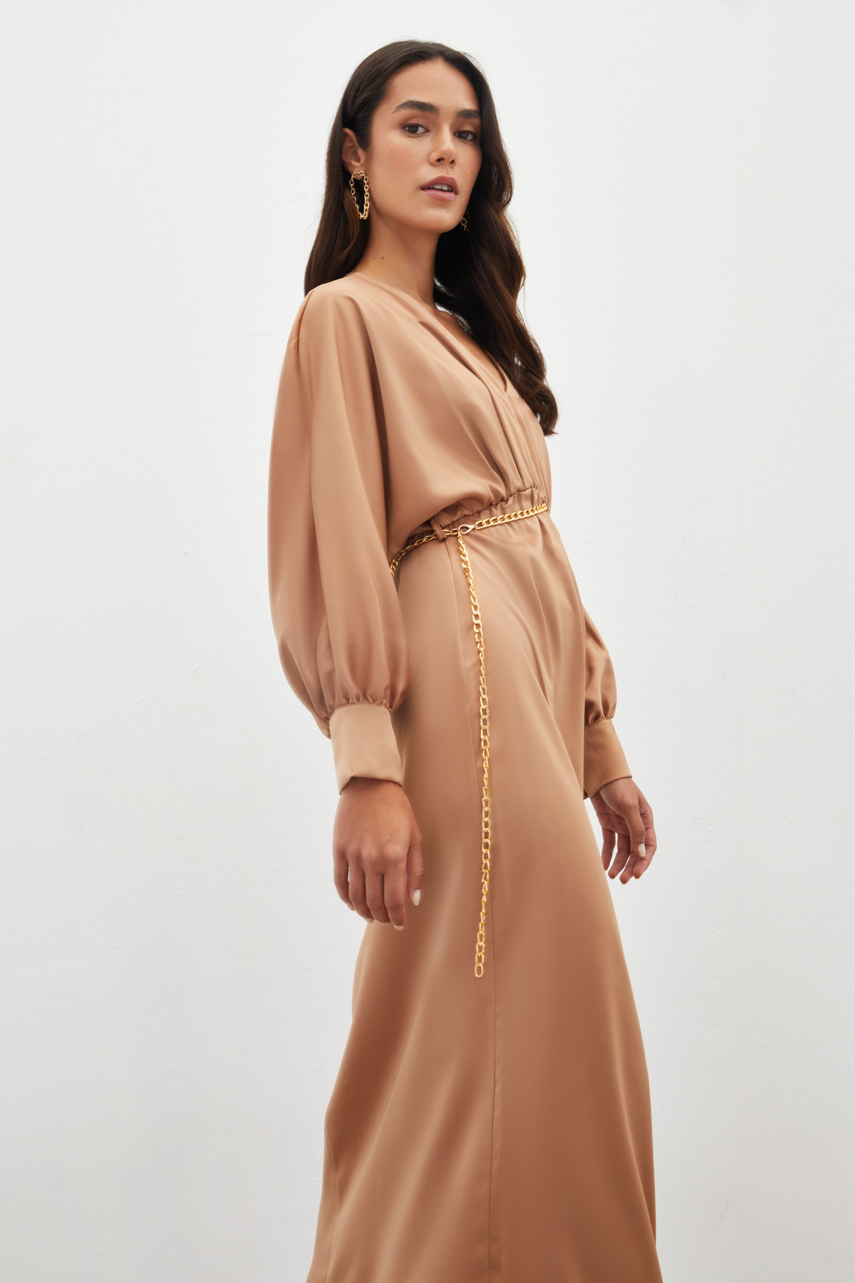 Chain Belt Satin Dress - CAMEL
