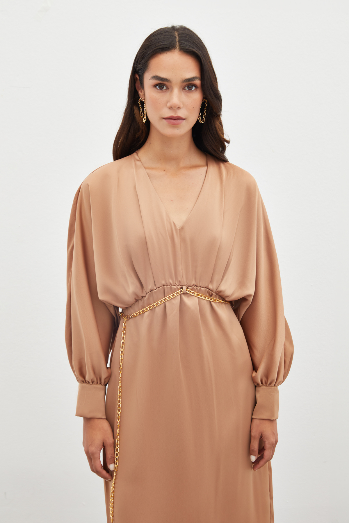 Chain Belt Satin Dress - CAMEL