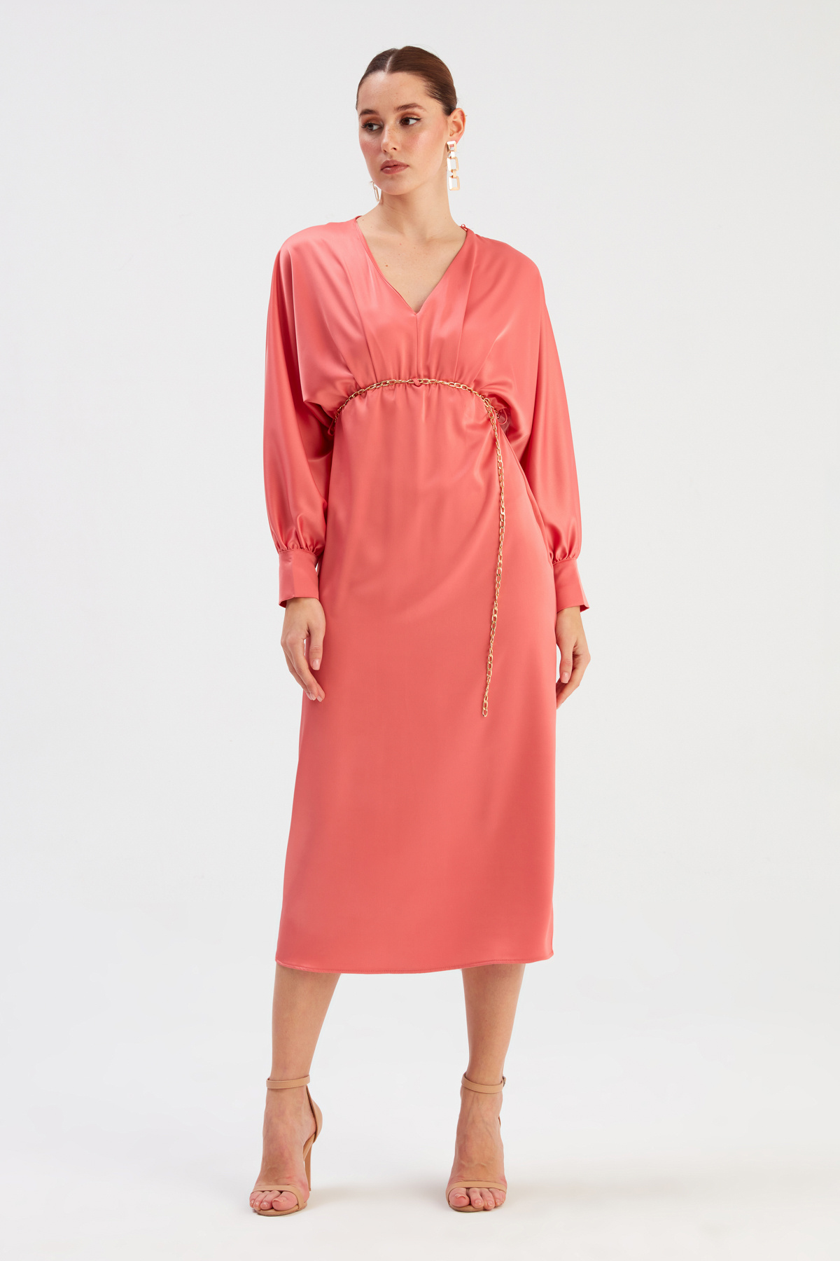 Zincir Kemerli Saten Elbise - GUL KURUSU