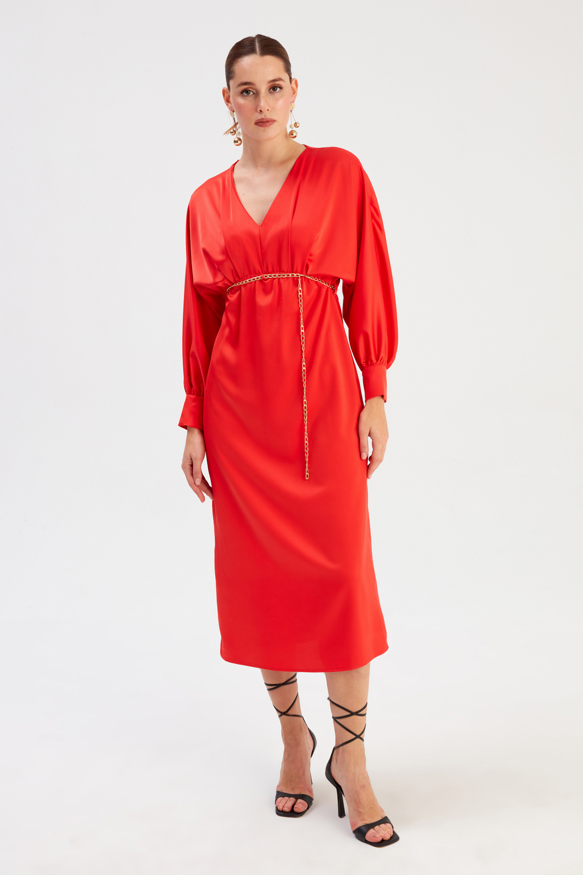 Zincir Kemerli Saten Elbise - MERCAN