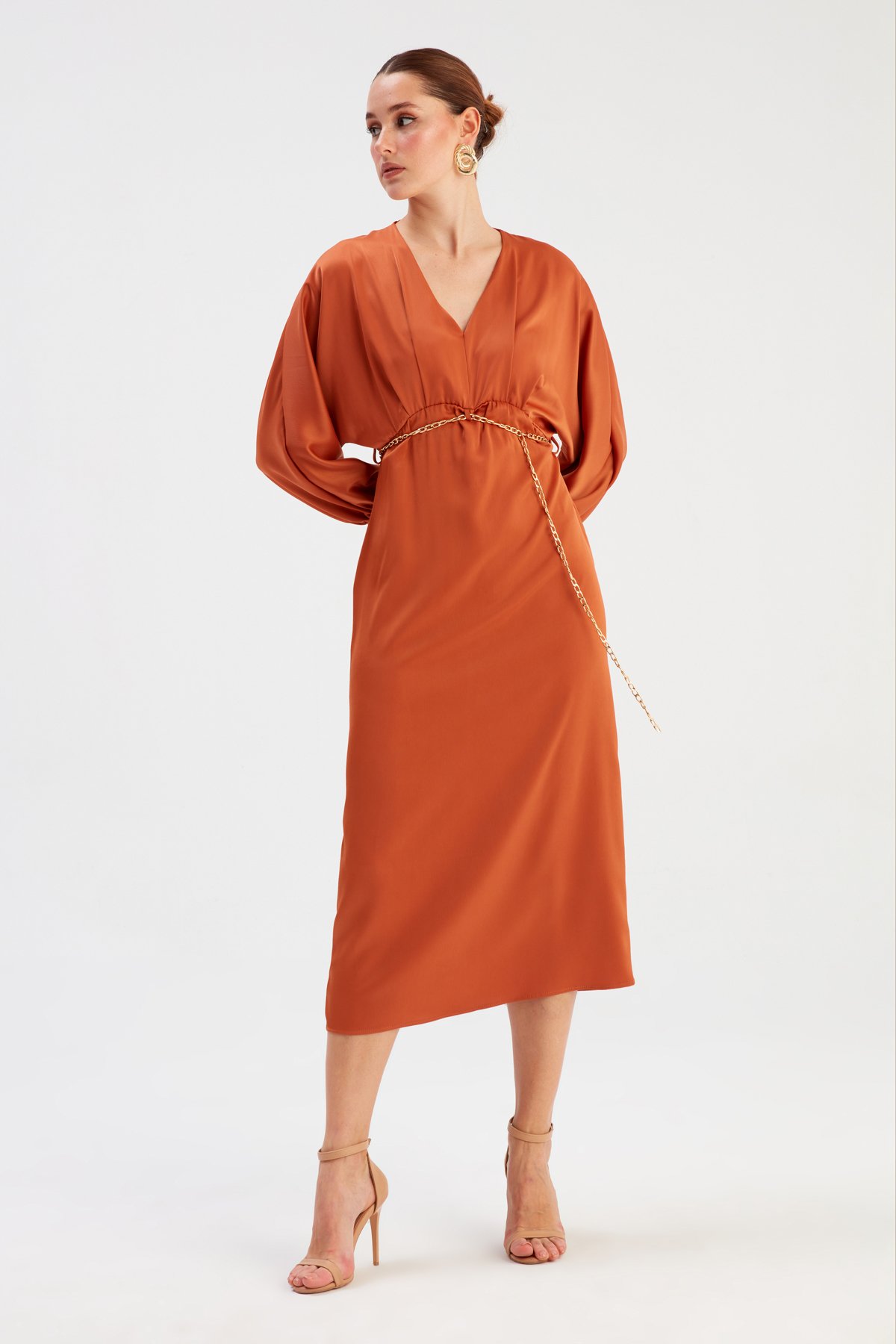 Zincir Kemerli Saten Elbise - ORANJ