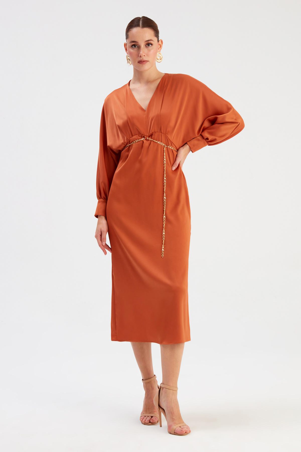 Zincir Kemerli Saten Elbise - ORANJ