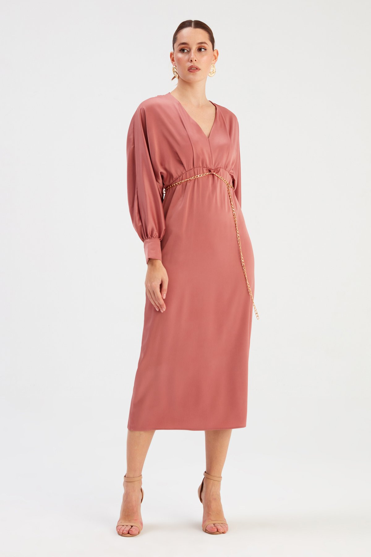 Zincir Kemerli Saten Elbise - PUDRA