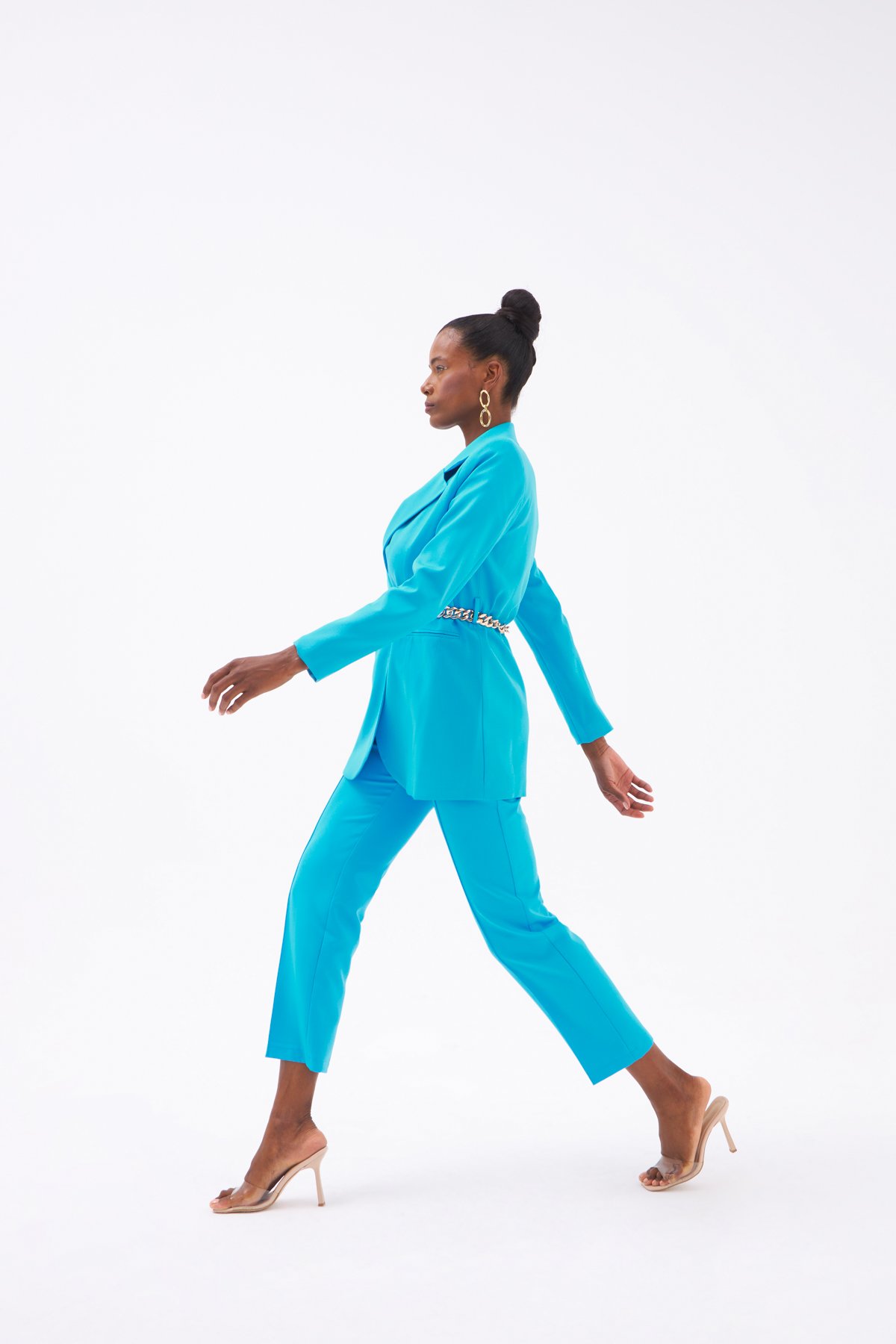 Zincir Kemerli Uzun Ceket - AÇIK MAVİ