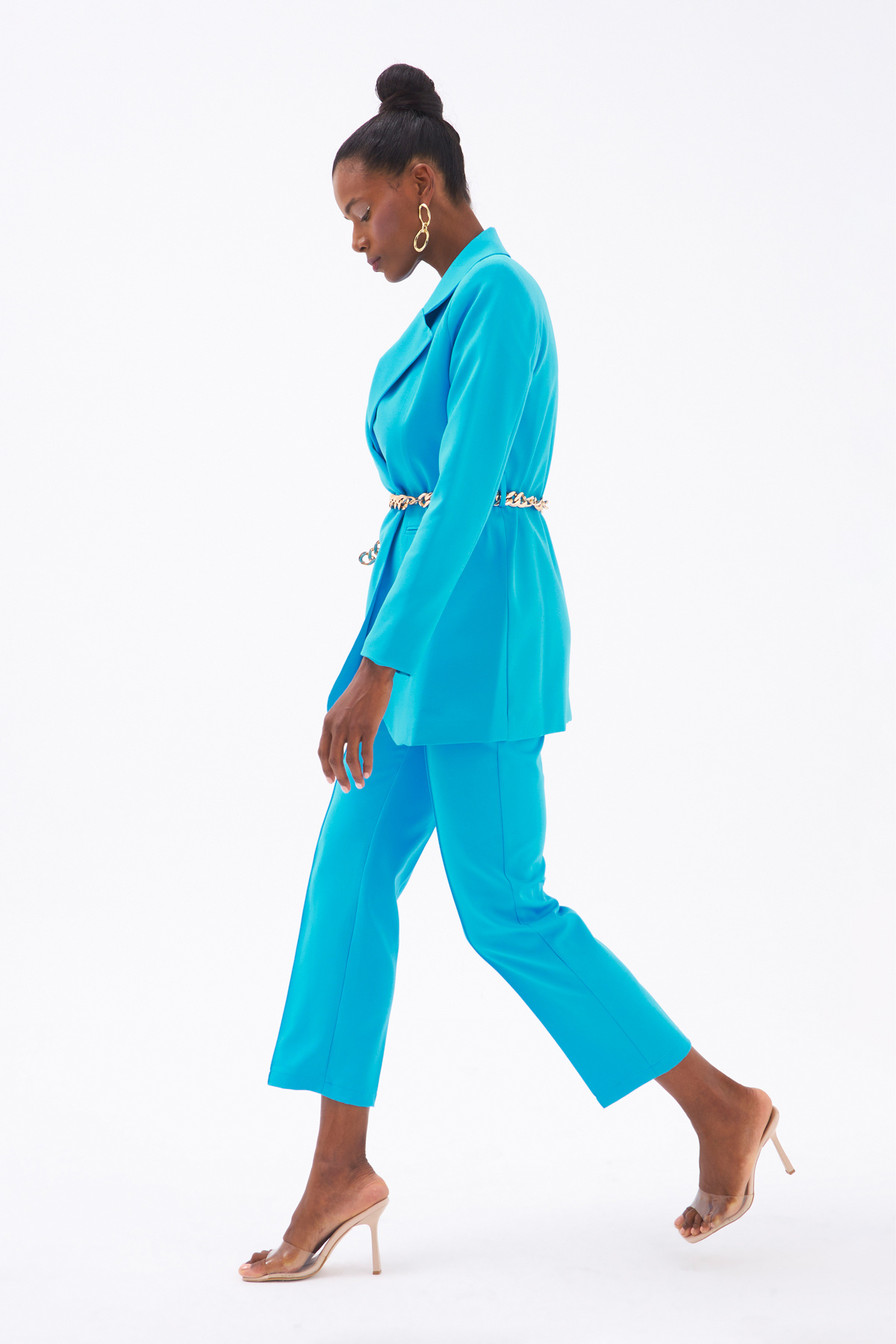 Zincir Kemerli Uzun Ceket - AÇIK MAVİ