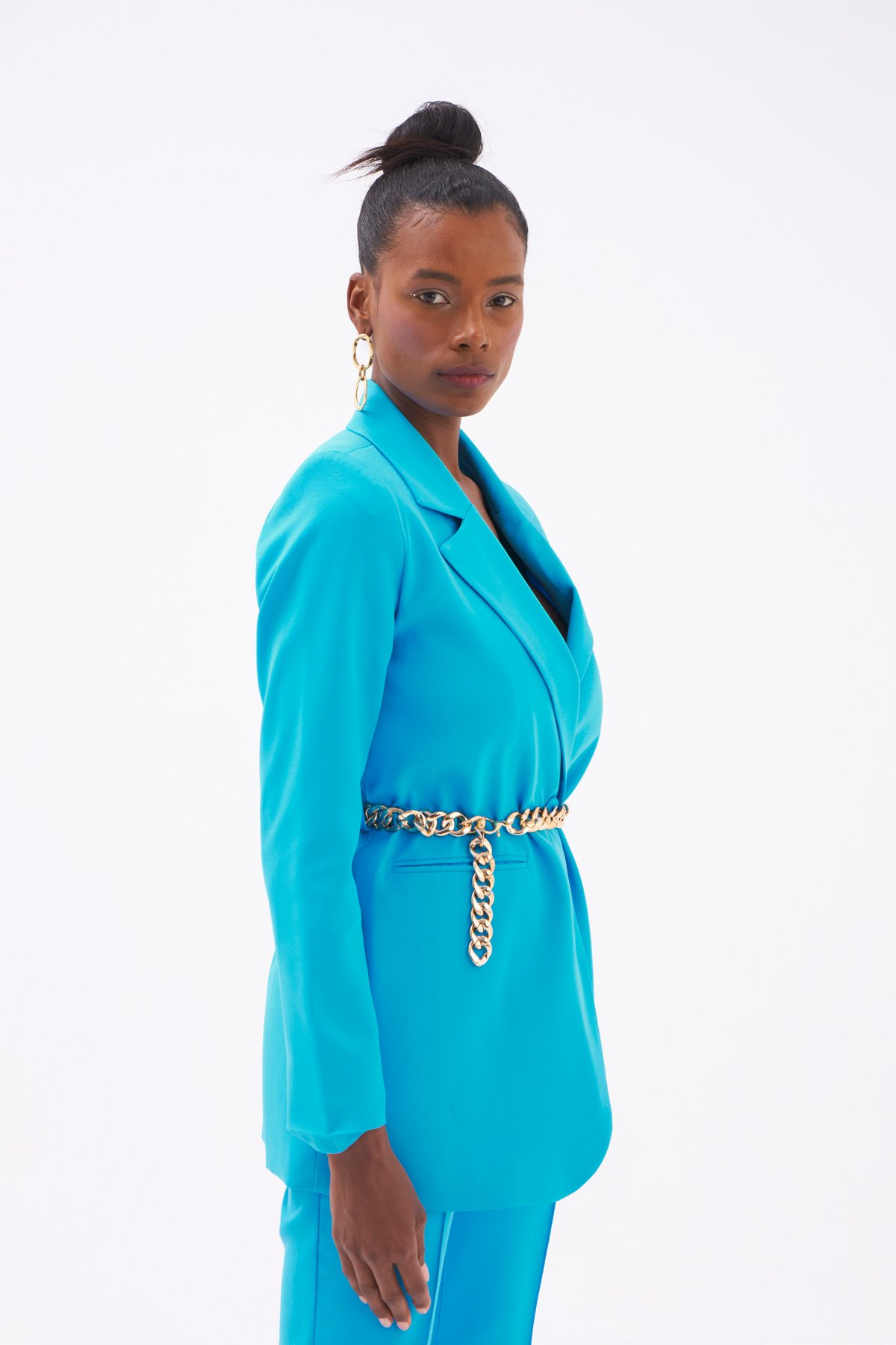 Zincir Kemerli Uzun Ceket - AÇIK MAVİ