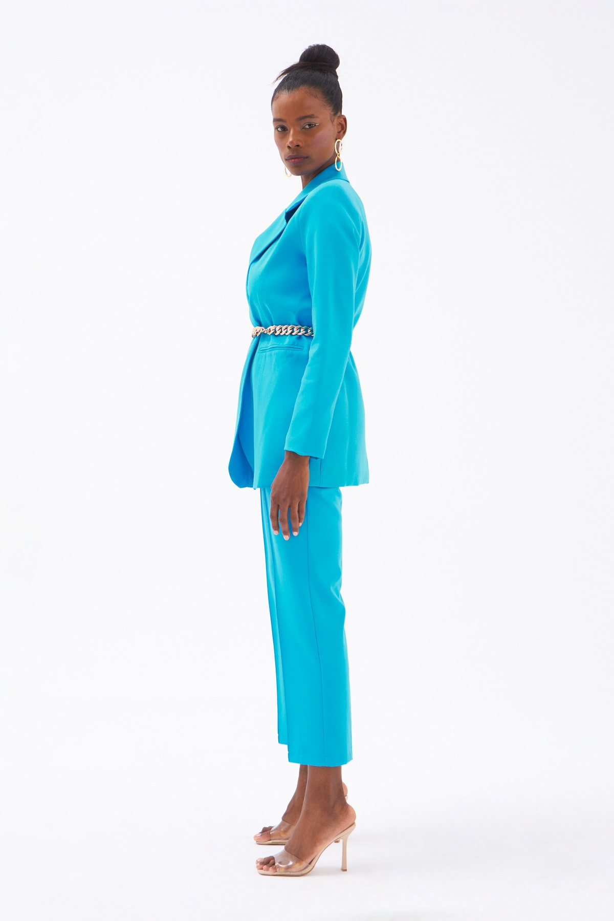 Zincir Kemerli Uzun Ceket - AÇIK MAVİ