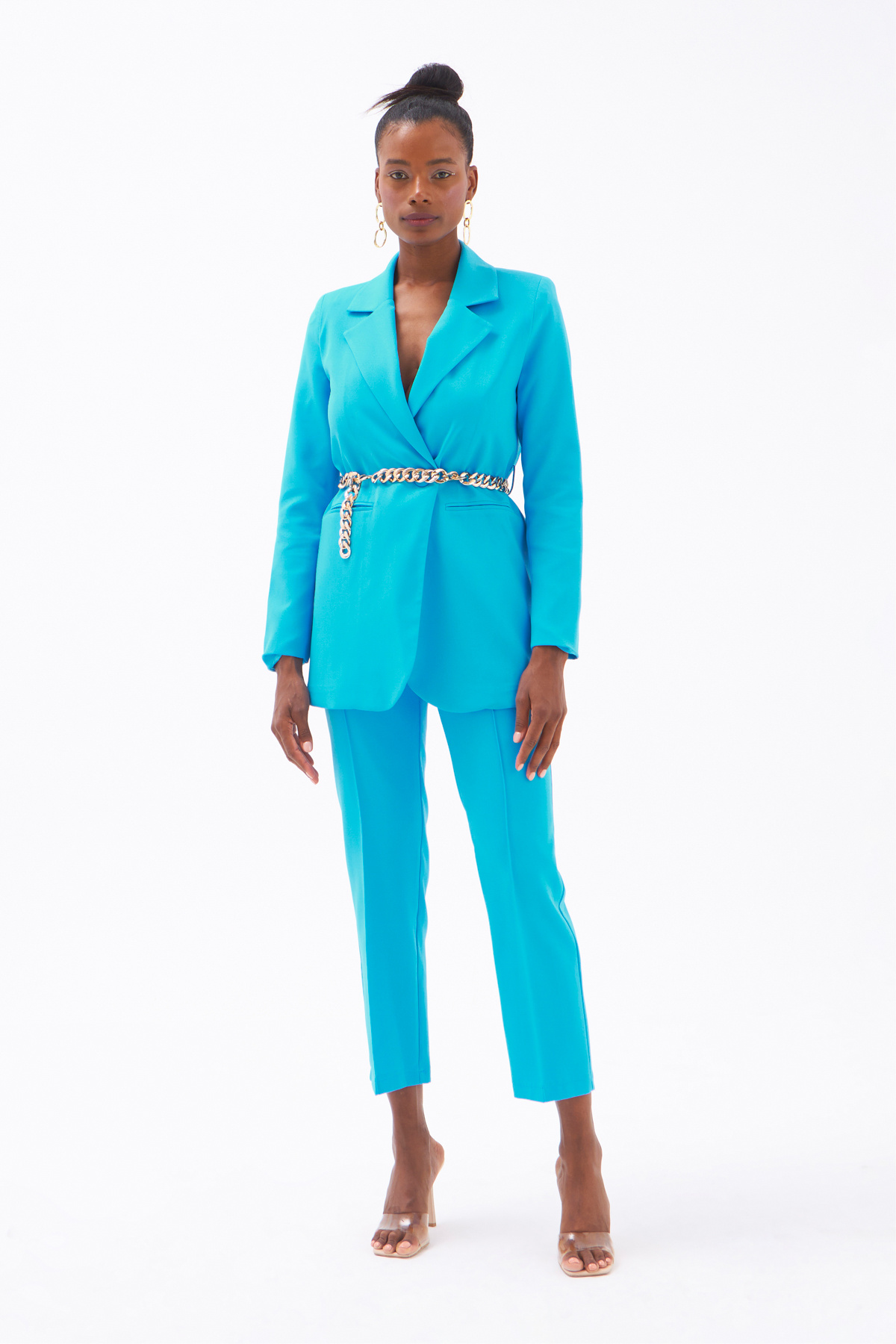 Zincir Kemerli Uzun Ceket - AÇIK MAVİ