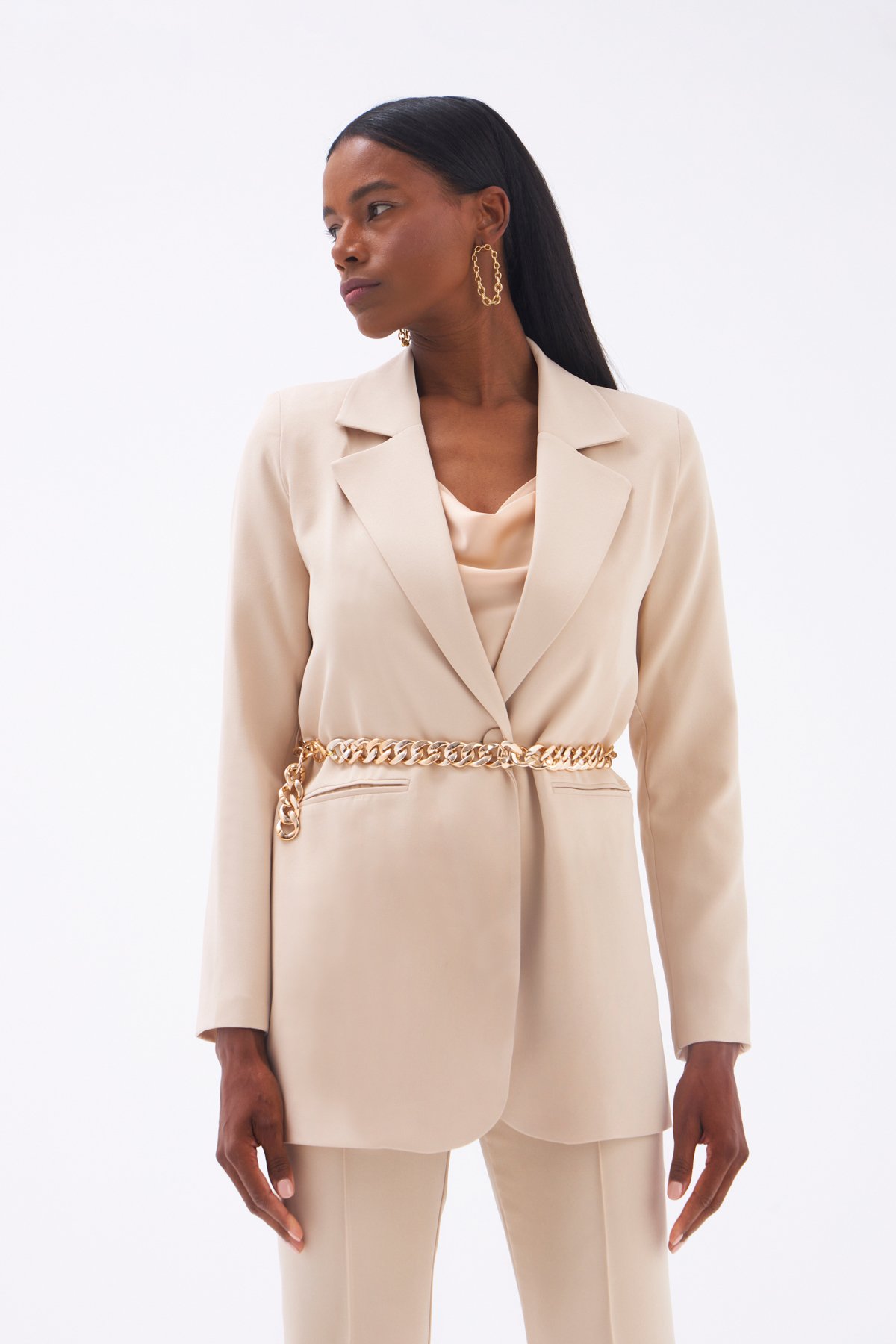 Zincir Kemerli Uzun Ceket - BEJ