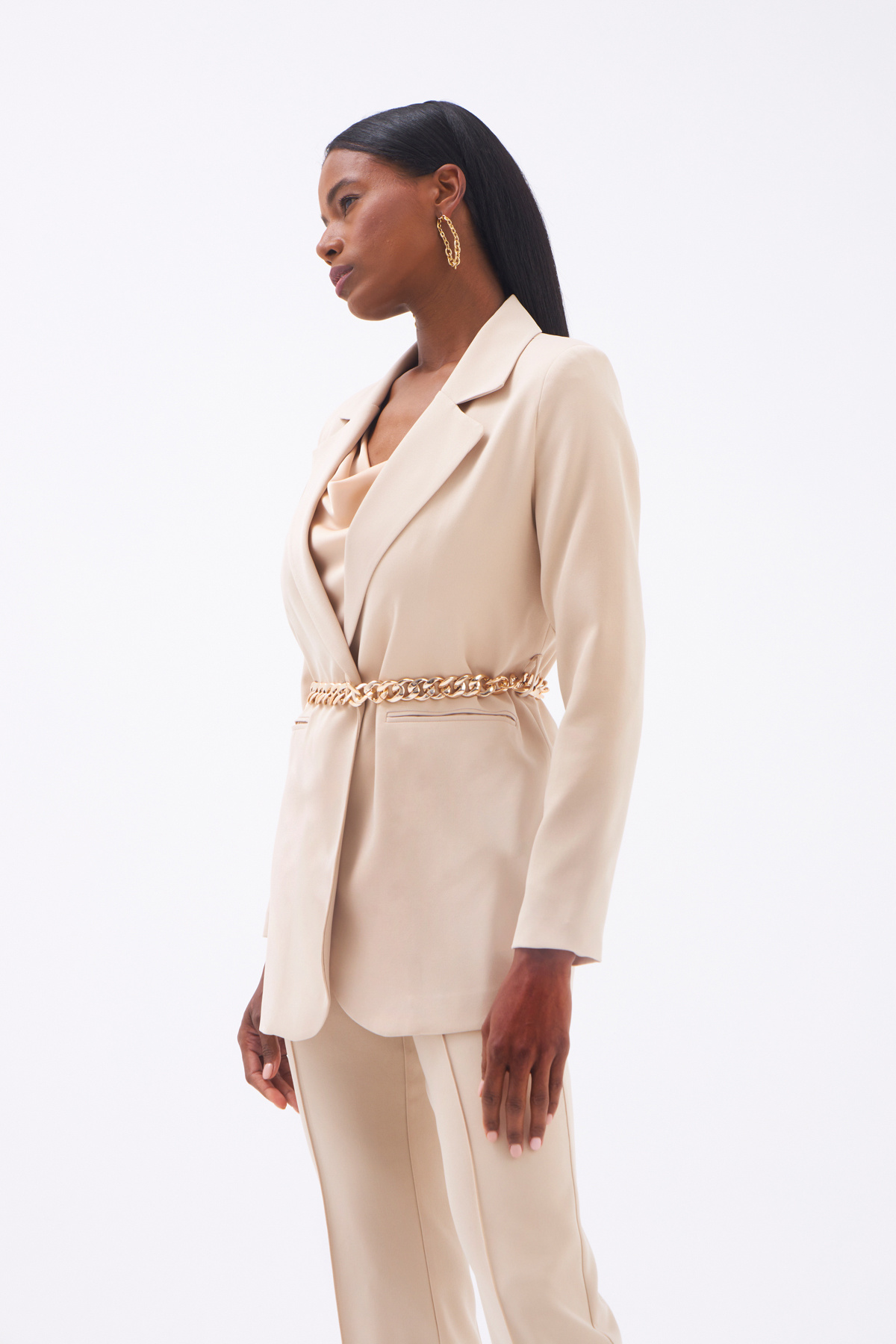 Zincir Kemerli Uzun Ceket - BEJ